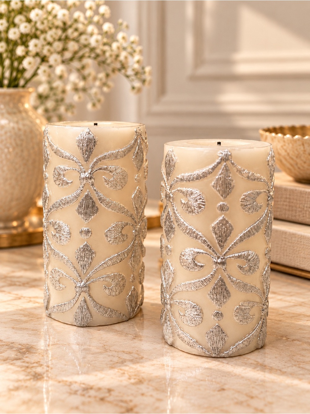Elegant Silver-Embellished Cream Pillar Candles - Set of 2